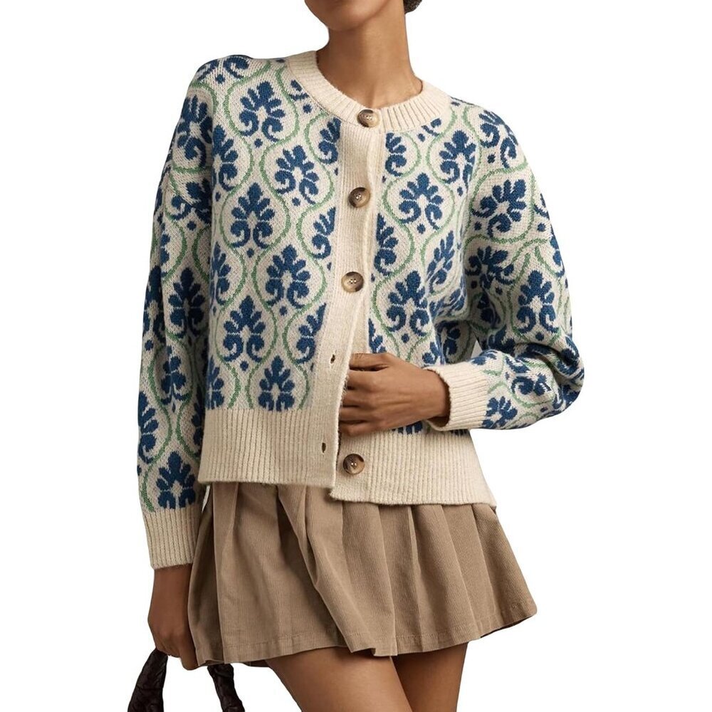 Women's Floral Cardigan Sweater Lightweight Button Up Fall Knit Top